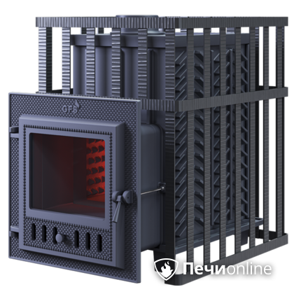 Дровяная банная печь Гефест ЗК в сетке-18 (М) чугунная дверца со стеклом, запатентованная каменка сетка в Магнитогорске